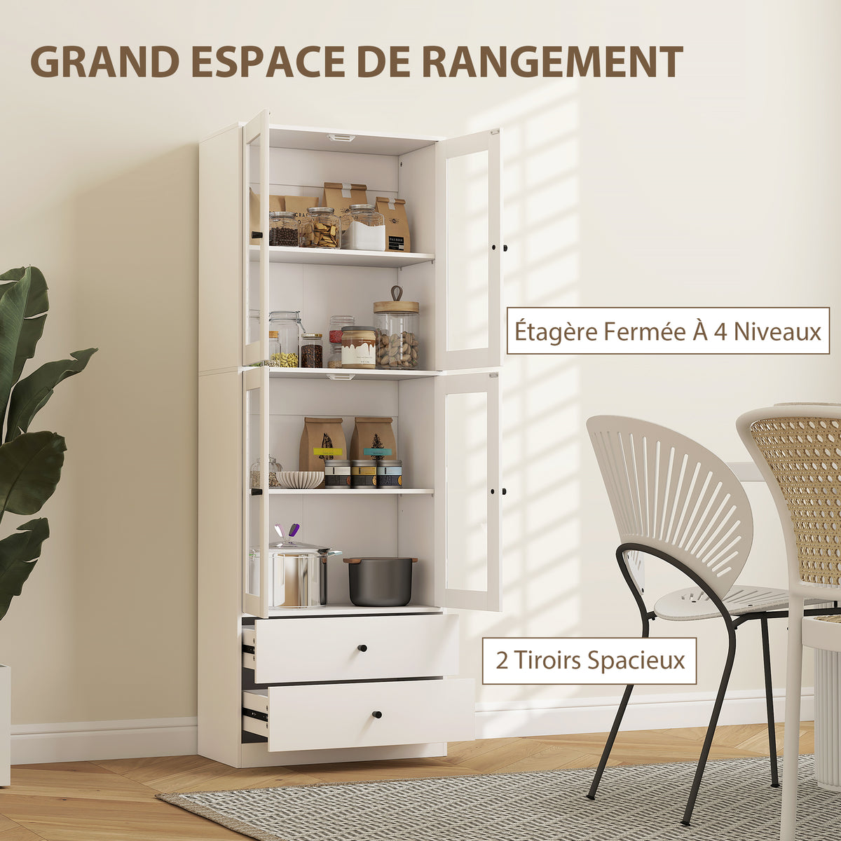 Buffet haut de cuisine blanc brillant avec portes vitrées – vue 6