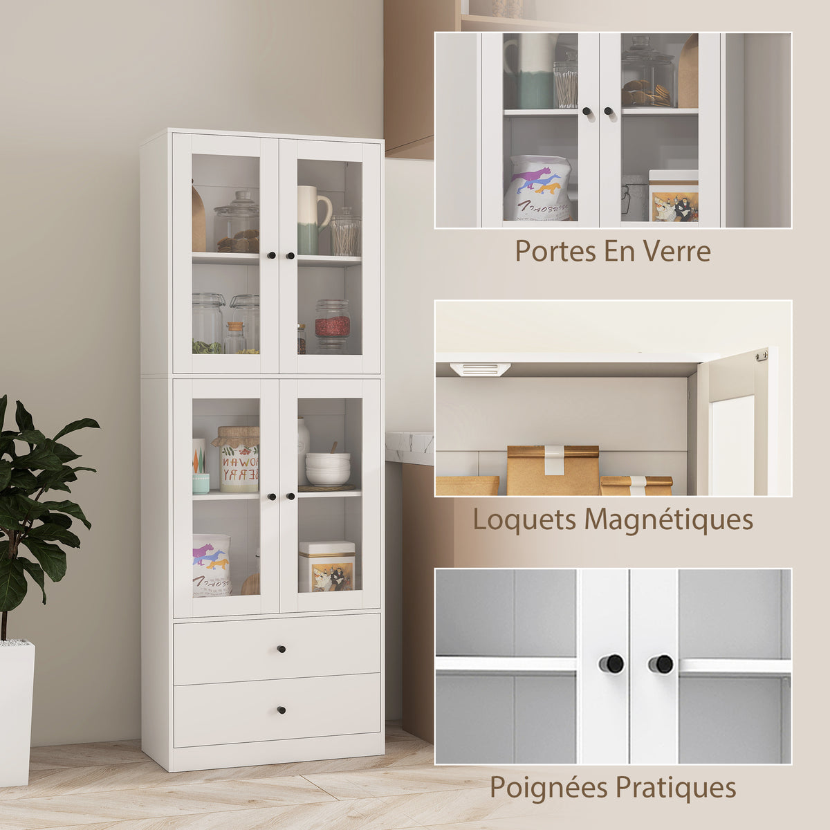 Buffet haut de cuisine blanc brillant avec portes vitrées – vue 8