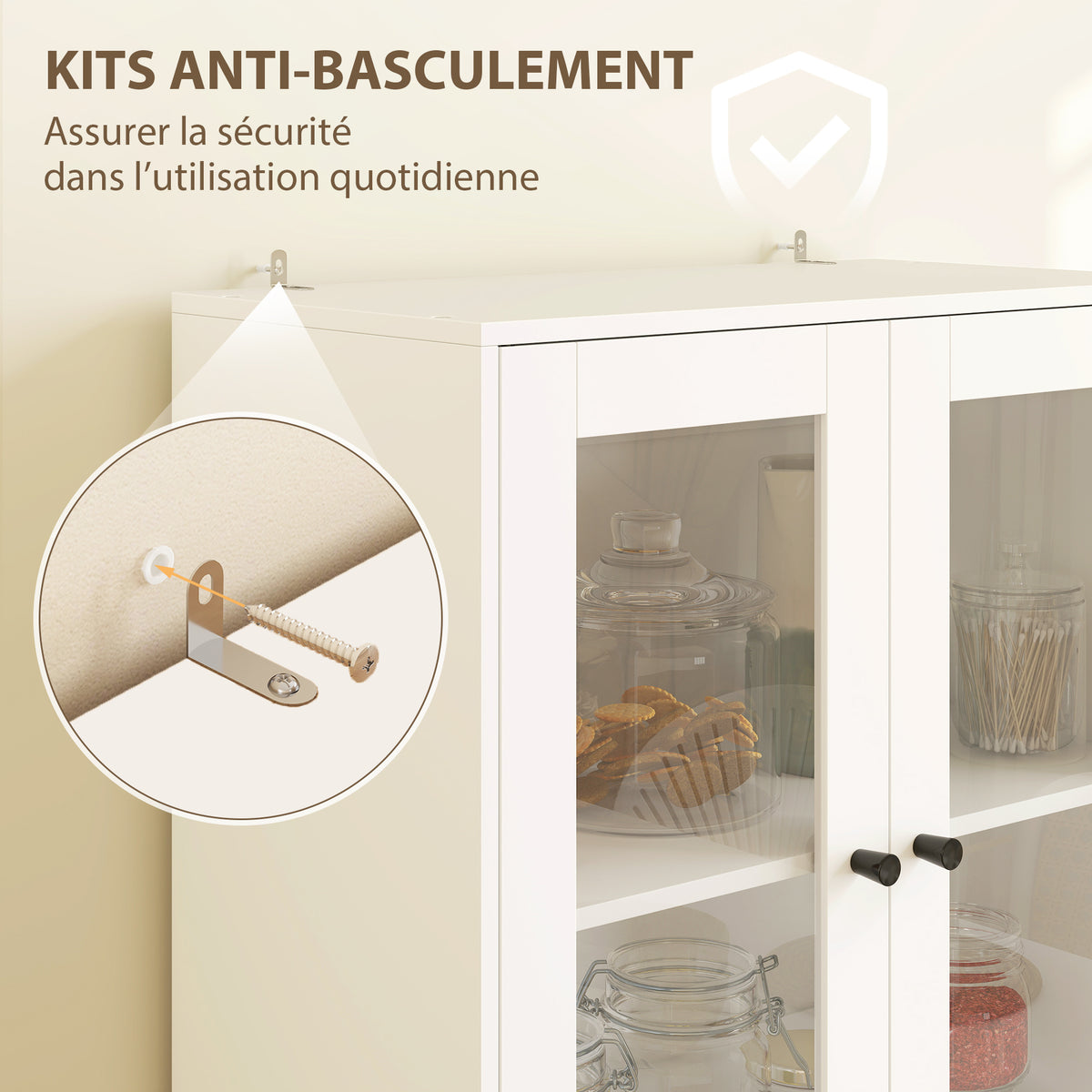 Buffet haut de cuisine blanc brillant avec portes vitrées – vue 4