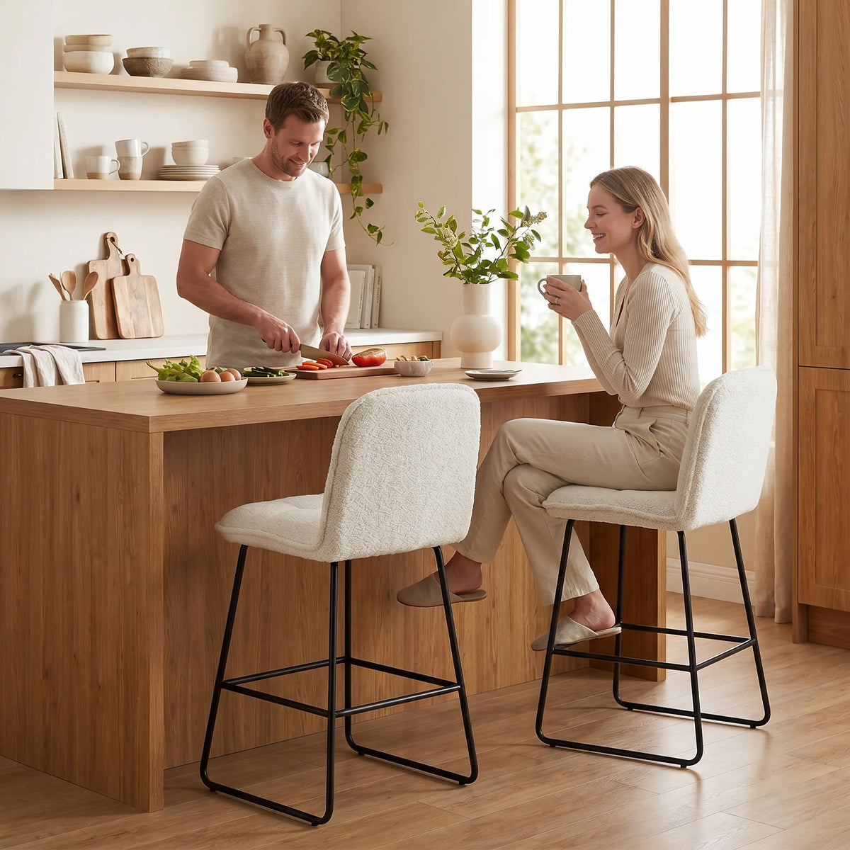 Lot de 2 tabourets de bar en tissu bouclette crème – vue 9