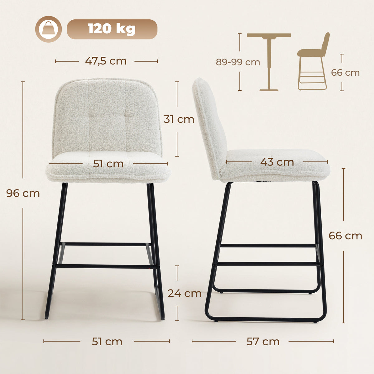 Lot de 2 tabourets de bar en tissu bouclette crème – vue 2