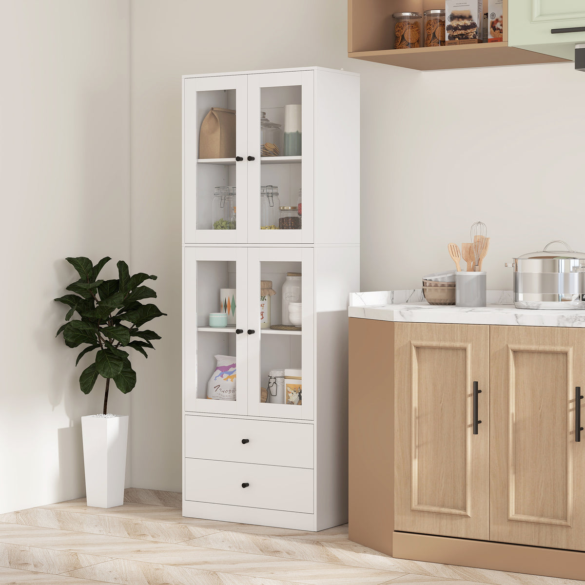 Buffet haut de cuisine blanc brillant avec portes vitrées – vue 9