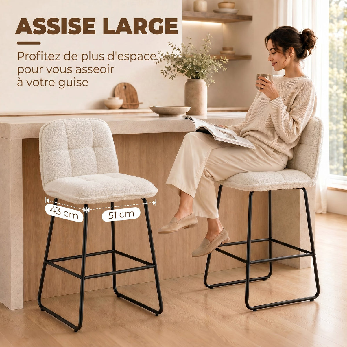 Lot de 2 tabourets de bar en tissu bouclette crème – vue 6