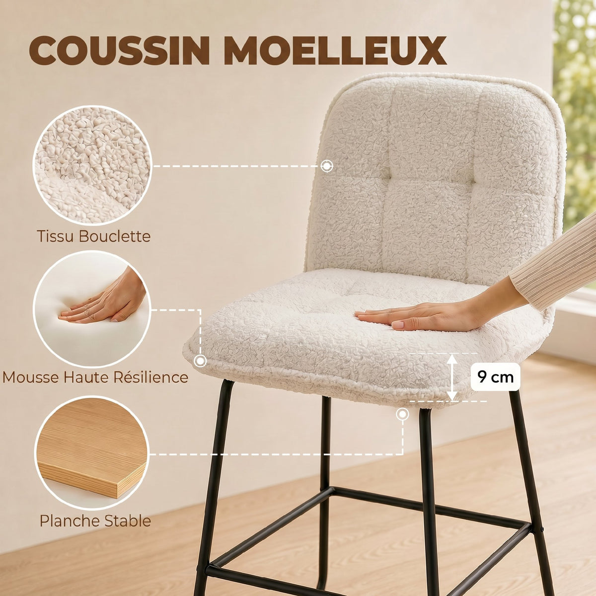 Lot de 2 tabourets de bar en tissu bouclette crème – vue 7