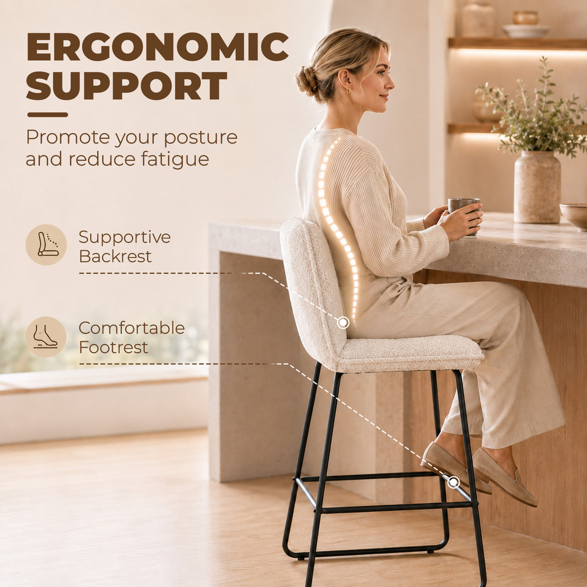 Lot de 2 tabourets de bar en tissu bouclette crème – vue 4