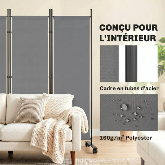 Paravent pliant 5 panneaux gris foncé à roulettes – Maisoncalyma